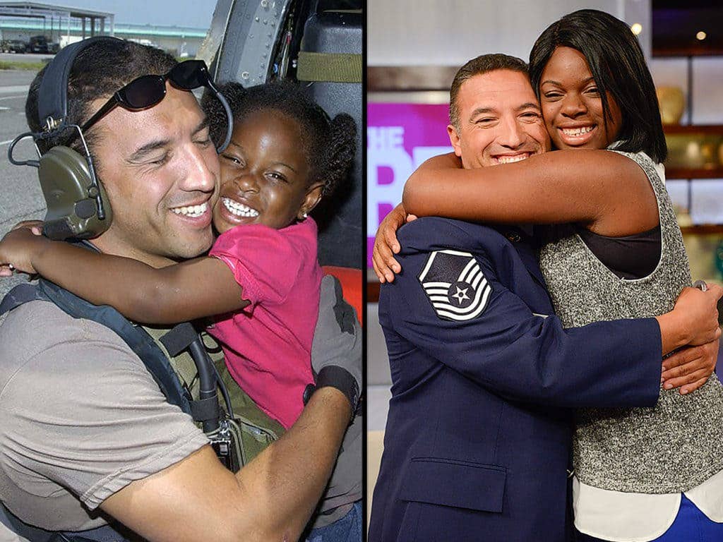 Left: Master Sgt. Mike Maroney embraces 3-year-old LeShay Brown after rescuing her and her family from a New Orleans rooftop after Hurricane Katrina in 2005. Right: Mahroney and 13-year-old Brown reunite after a 10-year search by Maroney to find the girl who's smile and hug helped him through the difficulties of the rescue effort. (U.S. Air Force photo/Airman First class Veronica Pierce/Warner Brothers photo/Erica Parise)