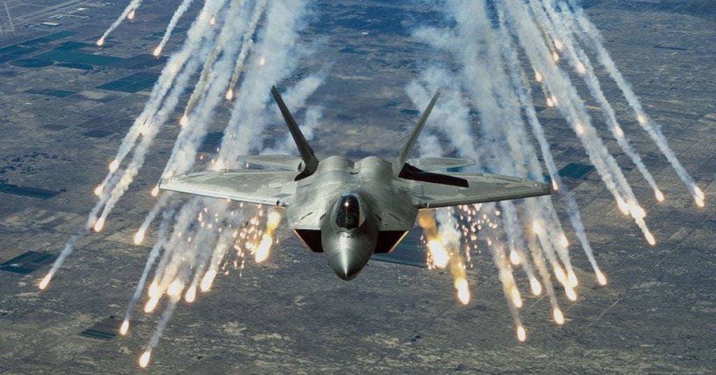 An F-22 deploys flares. (U.S. Air Force photo)
