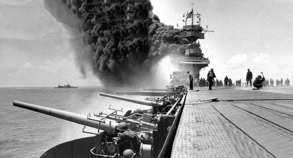 The USS Yorktown burns after three Japanese bomb strikes during the Battle of Midway. (Photo: U.S. Navy Photographer's Mate 2nd Class William G. Roy)