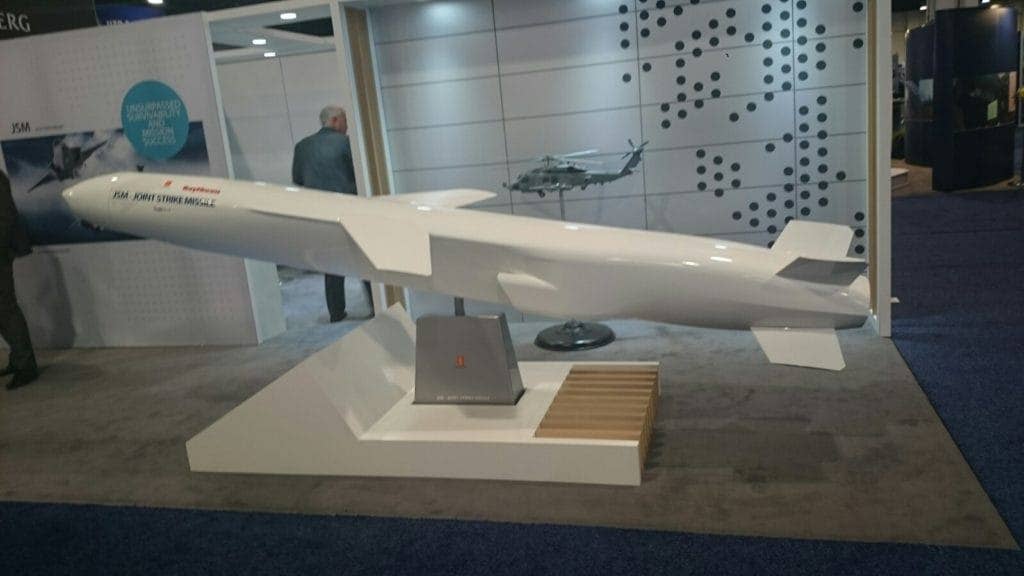 A mock-up of the Joint Strike Missile - a big brother to the NSM - at the SeaAirSpace Expo 2017. (Photo by Harold Hutchison)