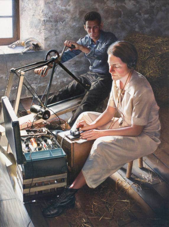A painting depicts Virginia Hall of the OSS transmitting intelligence on the German war machine from inside occupied France to Allied forces. (Painting: CIA by Jeffrey W. Bass)