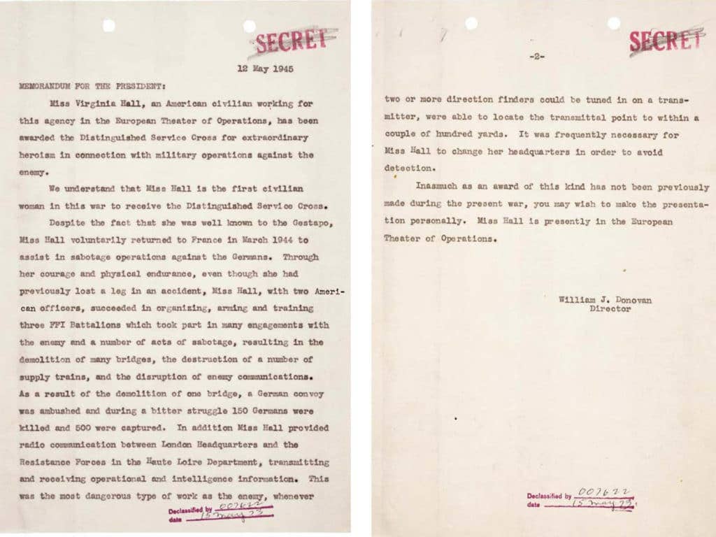 A memorandum from OSS Gen. Bill Donovan suggesting that President Harry Truman present Virginia Hall's Distinguished Service Cross personally. Hall requested a small ceremony with Donovan instead. (Photos: National Archives)
