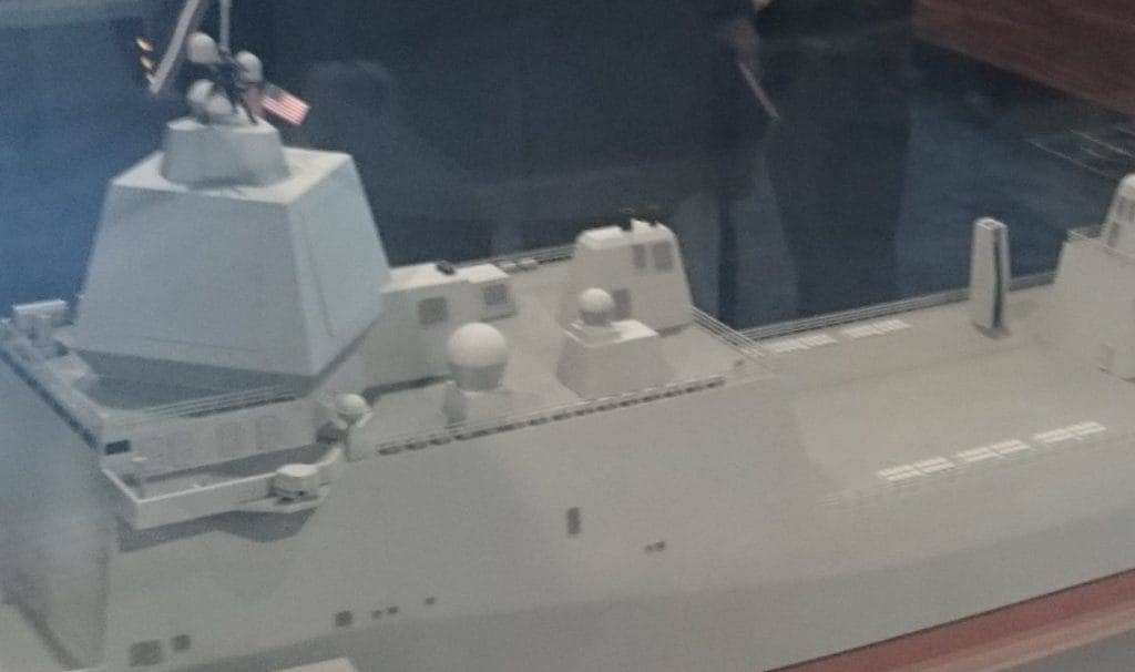 A close look at the radars and the VLS of a model of a proposed ballistic missile defense ship from Huntington Ingalls Industries displayed at the SeaAirSpace 2017 Expo. (Photo by Harold Hutchison)