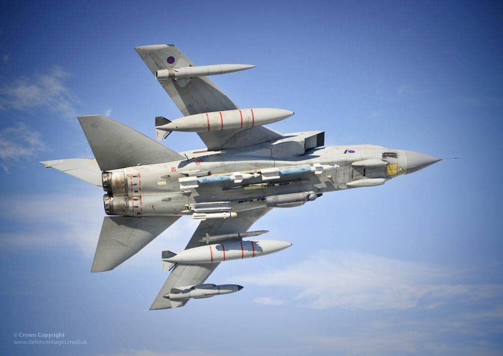 A Tornado GR4 training for deployment to Afghanistan. Among its weapons load is a Brimstone missile on the lower left portion of the fuselage. (British Ministry of Defense photo)