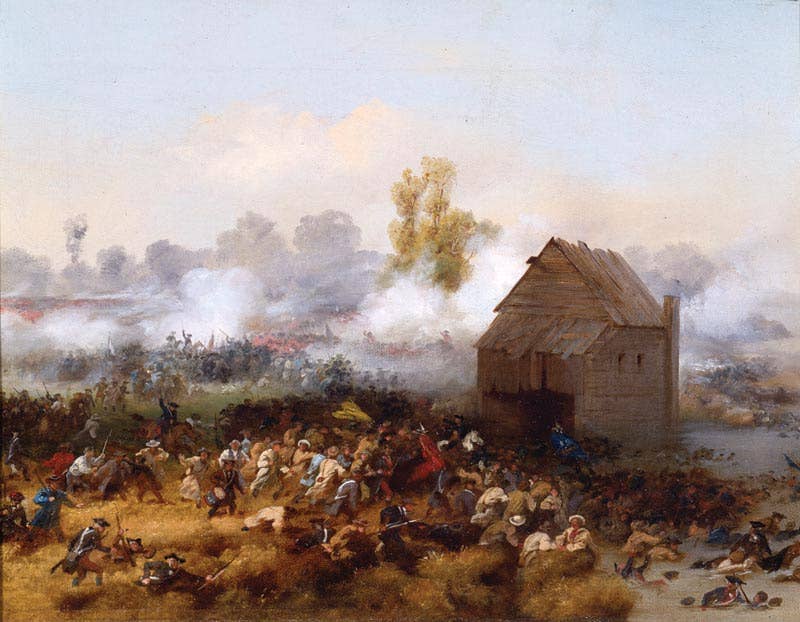 Lord Stirling leading an attack against the British in order to enable the retreat of other troops at the Battle of Long Island, 1776. (Painting by Alonzo Chappel, 1858.)