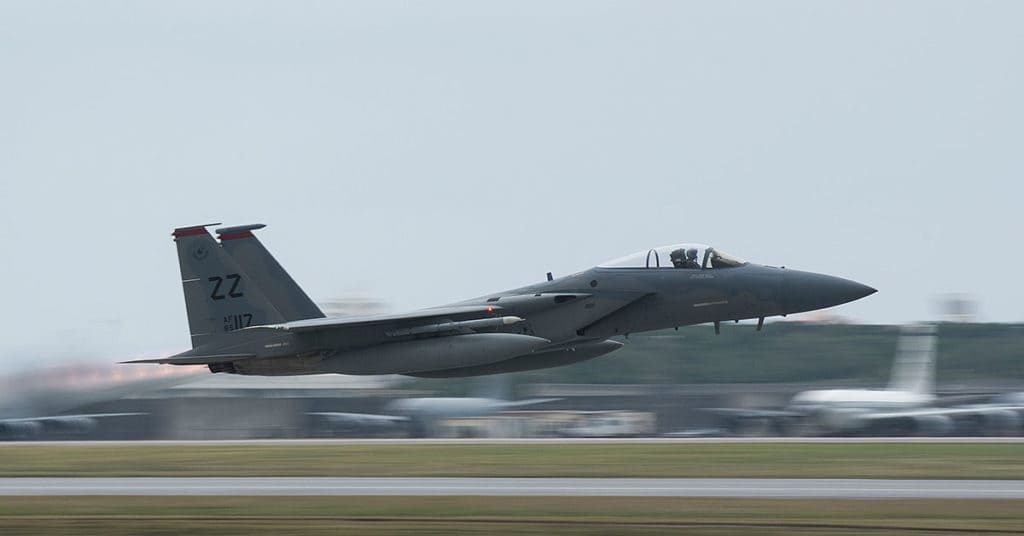 A U.S. Air Force F-15 Eagle from the 67th Fighter Squadron takes off March 16, 2017, at Kadena Air Base, Japan. The F-15's superior maneuverability and acceleration are achieved through high engine thrust-to-weight ratio and low wing loading. (U.S. Air Force photo by Airman 1st Class Corey Pettis/Released)