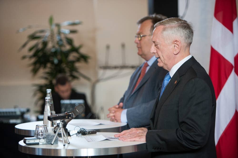 Secretary of Defense Jim Mattis and Danish Minister of Defense Claus Hjort Frederiksen host a press brief at Eigtveds Pakhus in Copenhagen, Denmark, May 9, 2017. (DOD photo by U.S. Air Force Staff Sgt. Jette Carr)