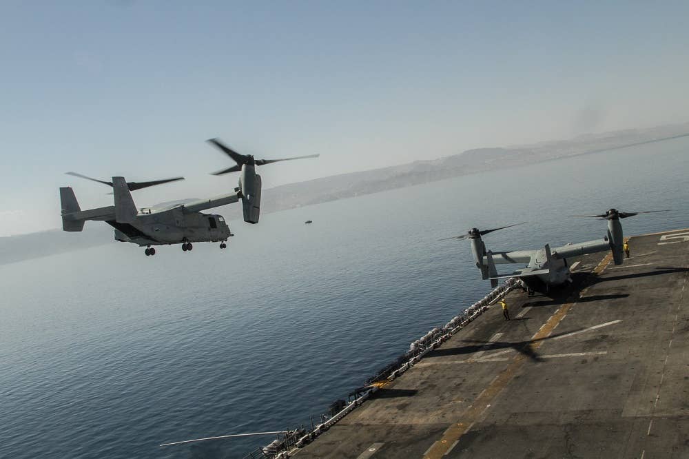 A U.S. Marine V-22 Osprey ascends the USS Bataan in Aqaba, Jordan, to begin a demo flight in support of Eager Lion 2017. Eager Lion is an annual U.S. Central Command exercise in Jordan designed to strengthen military-to-military relationships between the U.S., Jordan and other international partners. (U.S. Army photo by Sgt. Mickey A. Miller)