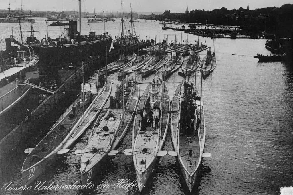 German U-boats in Kiel. U-20, which sank the Lusitania, is second from the left in the front row. (Library of Congress photo)