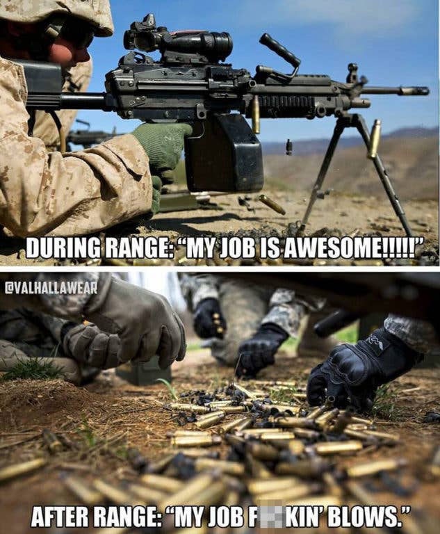 Did anyone else notice the uniform change in this meme? You're Marines while you're shooting, but you're Army when you're cleaning up.