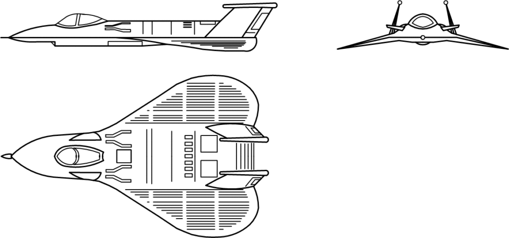 A three-view graphic of what the F-19 was believed to look like. (Graphic from Wikimedia Commons)
