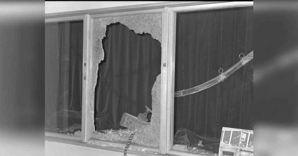 A view of the broken glass in the lobby exhibit case where swords and daggers were stolen. (Source: Truman Library)