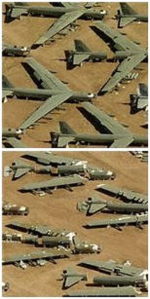 A before and after shot of scrapped B-52s. (USAF photo)