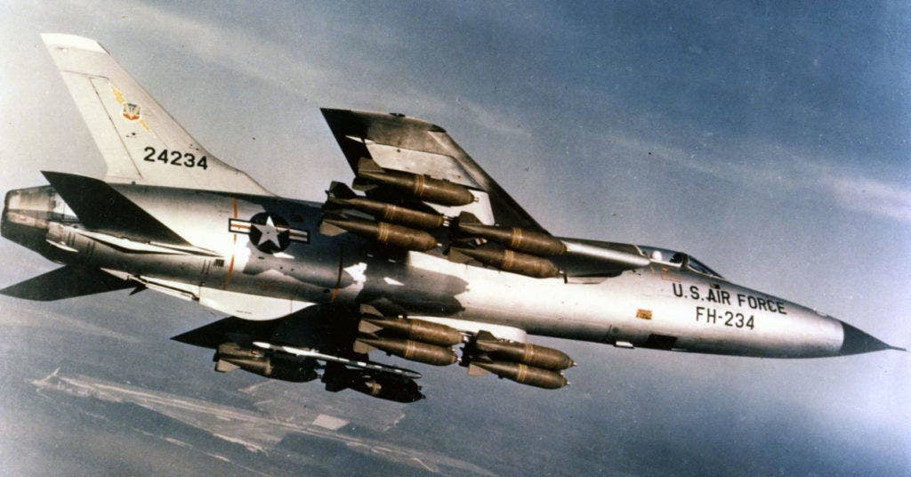 Republic F-105D in flight with full bomb load. (U.S. Air Force photo)