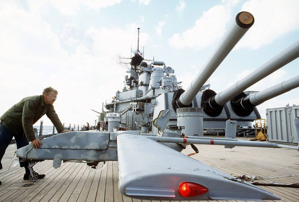 The Pioneer drone is moved on the USS Wisconsin during Desert Storm. The small aerial vehicle was used to observe naval artillery and its effects during the war. (Photo: U.S. Navy Photographer's Mate John Kristoffersen)