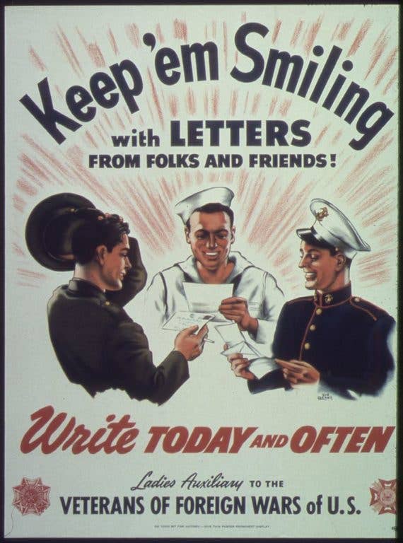 A poster from the Ladies' Auxiliary of the VFW, urging people to write to servicemen. (National Archives)