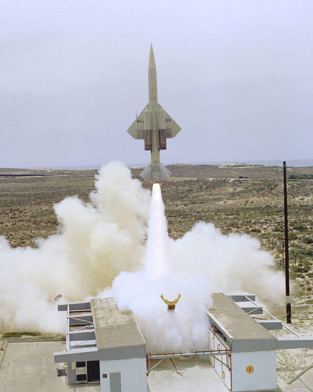 A former RCAF Bomarc converted to the CQM-10B target drone configuration launches. (USAF photo)
