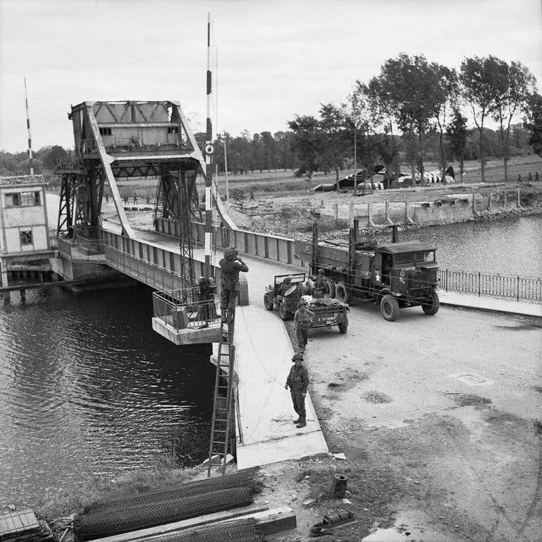 Pegasus Bridge, June 9, 1944. Richard Todd helped defend this bridge. (Photo from Wikimedia Commons)