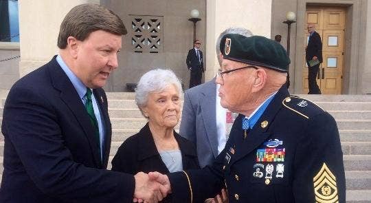 Rogers Congratulates Medal of Honor recipient Bennie G. Adkins outside the Pentagon. (Mike Rogers photo)