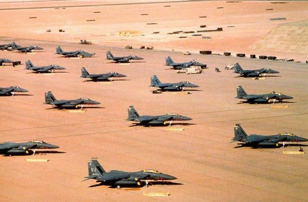 F-15Es parked during Operation Desert Shield. (Photo by: Wikimedia)