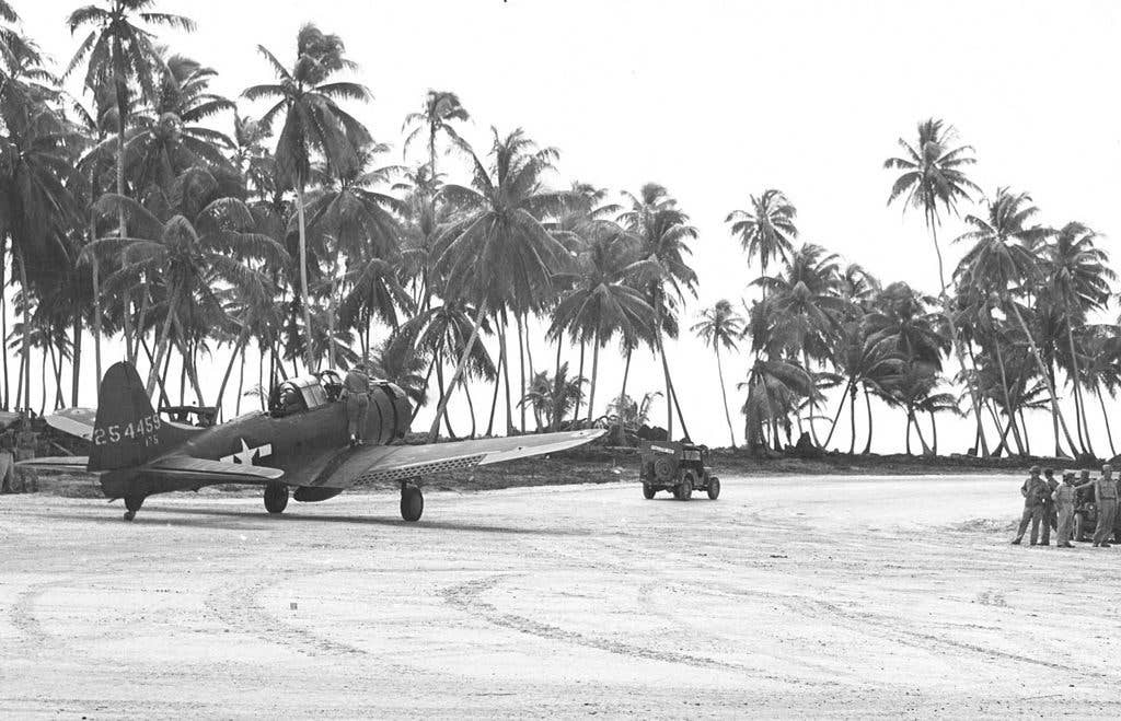 A-24B Banshee, the Army Air Force's version of the SBD Dauntless, at a base on Makin Island. (U.S. Air Force photo)