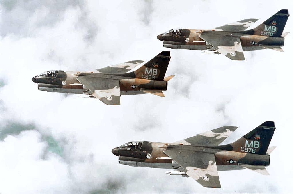 Three U.S. Air Force A-7Ds in formation. Air Force Corsairs flew thousands of sorties with only four losses. (U.S. Air Force photo)