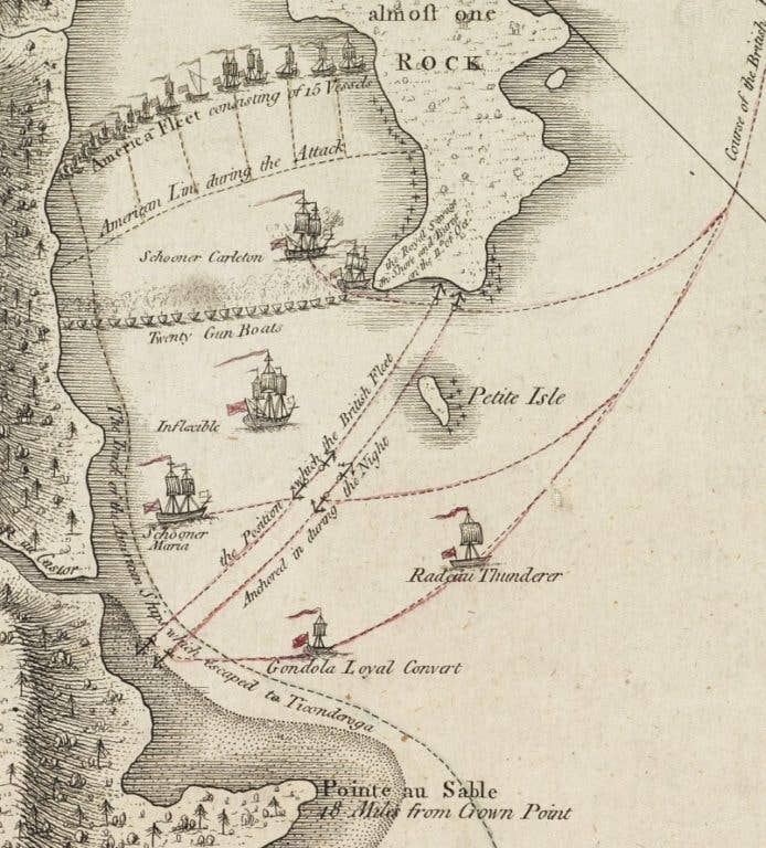 The distribution and movement of naval forces at the Battle of Valcour Island. (Map: Boston Public Library)