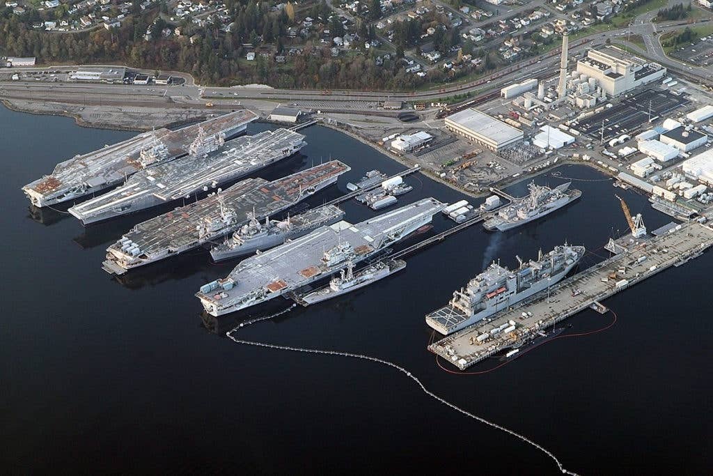 An aerial view of the Bremerton Ghost Fleet, circa 2012 (Wikimedia Commons)