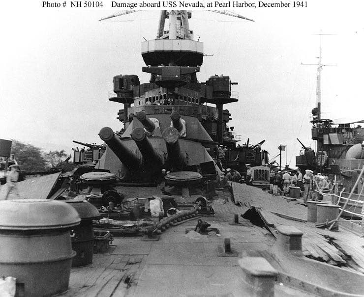 Damage to USS Nevada after the attack on Pearl Harbor. (U.S. Navy photo)