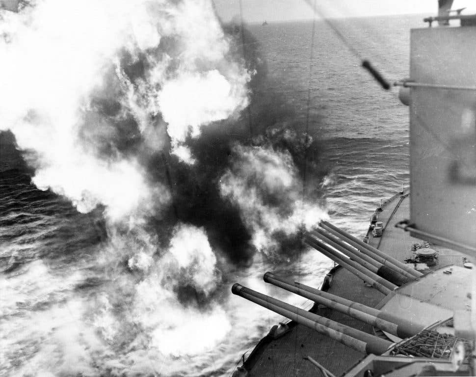 USS Nevada fires on Nazi positions during D-Day. (U.S. Navy photo)