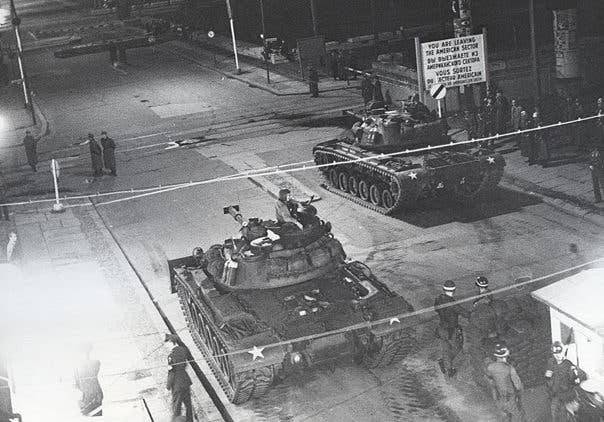 American tanks at Checkpoint Charlie in October 1961. (Photo: Central Intelligence Agency)