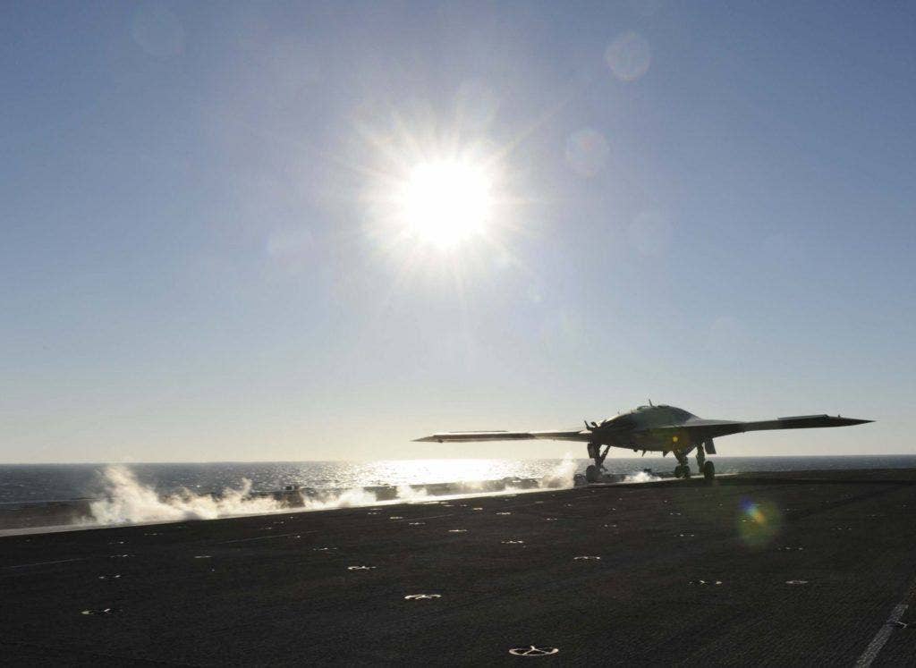 X-47B Unmanned Combat Air System Demonstrator (UCAS-D, a previous name for the MQ-25a) launches from the aircraft carrier USS Theodore Roosevelt in 2013. | US Navy Photo