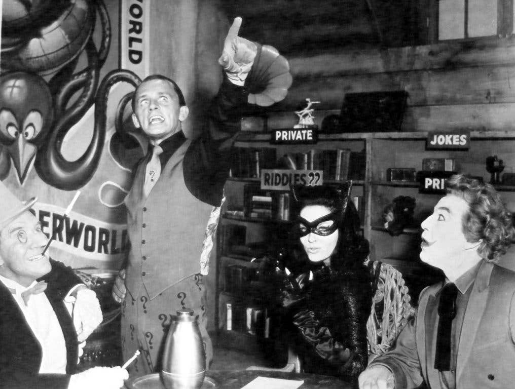 The villains of the 1966 Batman film. From left to right, the Penguin, Riddler, Catwoman, and Joker. (Photo: Greenway Production, Public Domain)