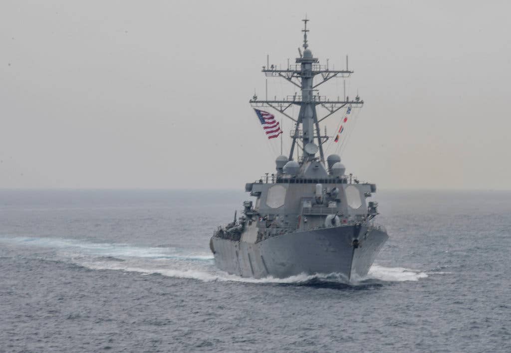 Arleigh Burke-class guided-missile destroyer USS Fitzgerald (DDG 62) sails in formation during a bilateral exercise between USS Carl Vinson and USS Ronald Reagan carrier strike groups and the Japanese Maritime Self-Defense Force (JMSDF). (U.S. Navy photo by Mass Communication Specialist 3rd Class Kelsey L. Adams/Released)
