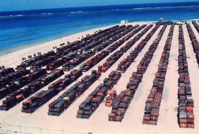 Barrels of Agent Orange being stored at Johnston Atoll. (U.S. government photo)