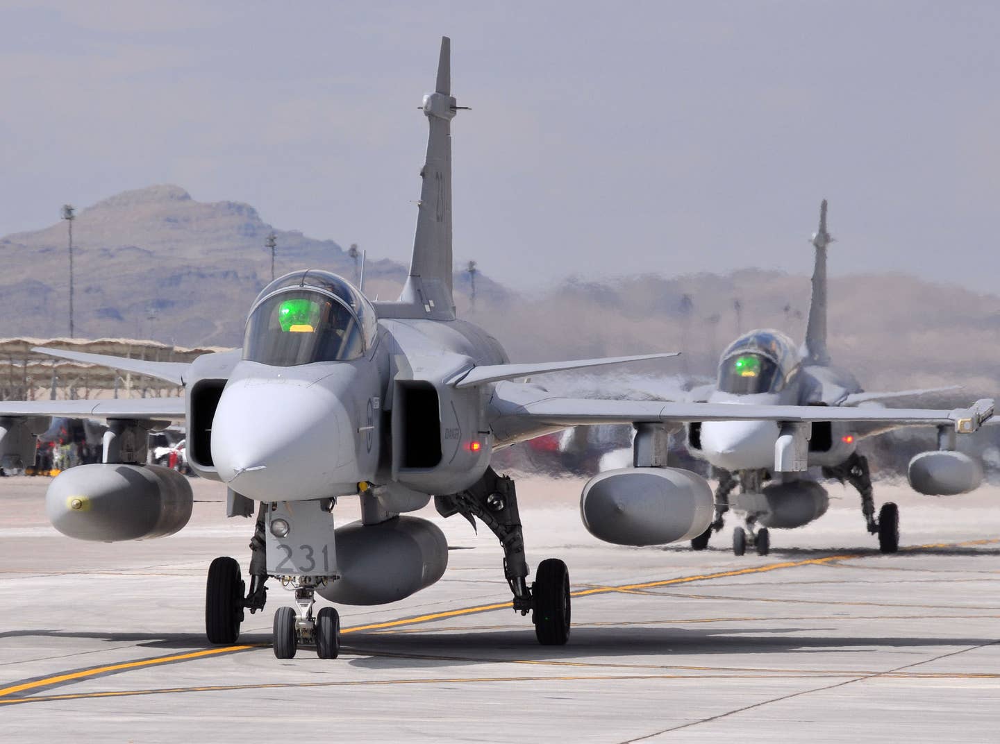 Swedish JAS 39 Gripens at Nellis AFB during the multi-national Red Flag exercise (Photo US Air Force)