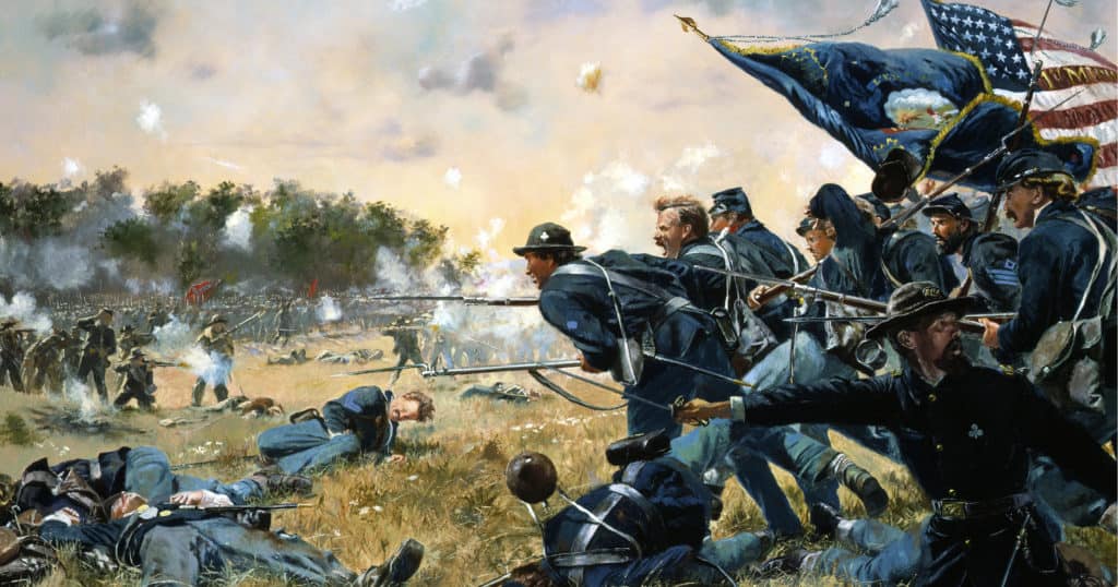 Notice how front lines never had a particularly safe place to play instruments. (Painting: Don Troiani courtesy of the National Guard)