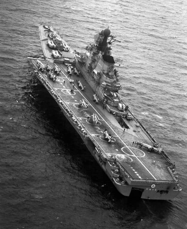 The Soviet aircraft carrier Kiev, showing off elements of the crap air wing, including the Yak-38 Forger. (US Navy photo)