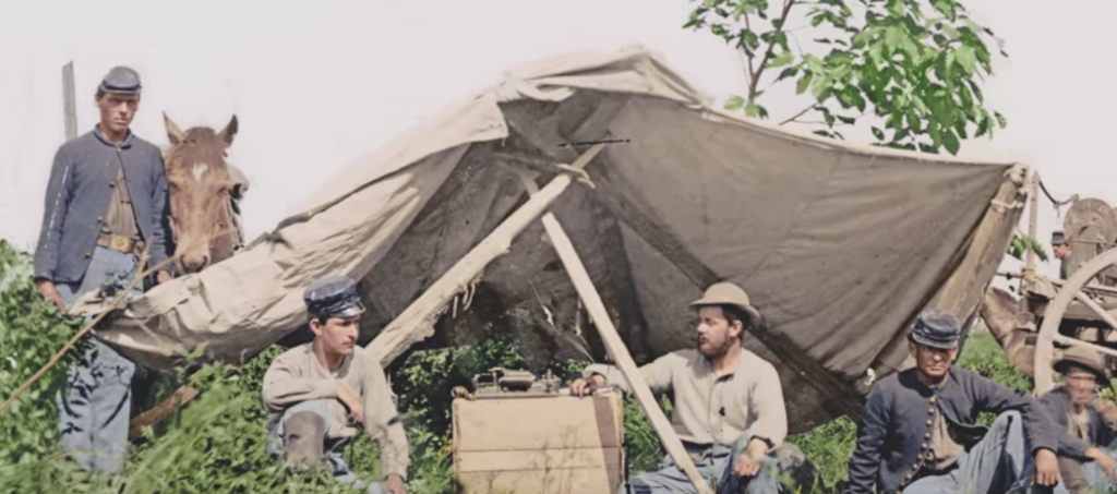 Civil War troops man a communication tent. (Source: History/YouTube/Screenshot)