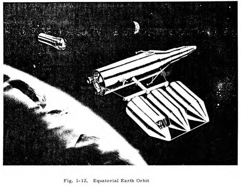 A space station would serve as a midway point for many missions to the moon under the Army plan. The Air Force plan called for direct flights from the Earth to lunar surface. (Illustration: U.S. Army Project Horizon)