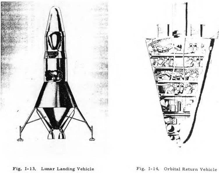 The Army's plan called for regular flights to and from the moon in cramped capsules. (Illustration: U.S. Army Project Horizon)
