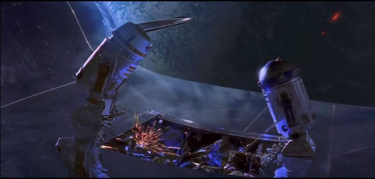 R2D2 fixing a spaceship in Star Wars Episode I (Photo Star Wars via YouTube screengrab)