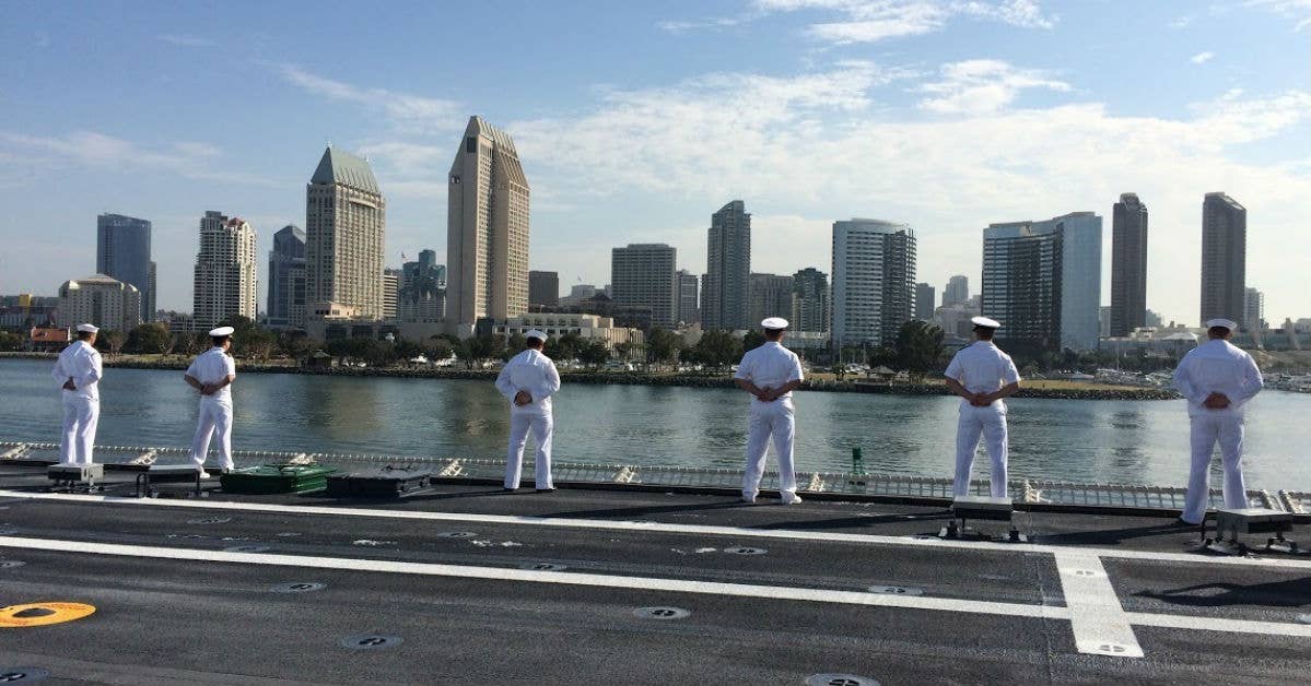 Sailors arrive in San Diego, CA aboard the USS Gabrielle Giffords. Navy photo by Lt. Miranda Williams.