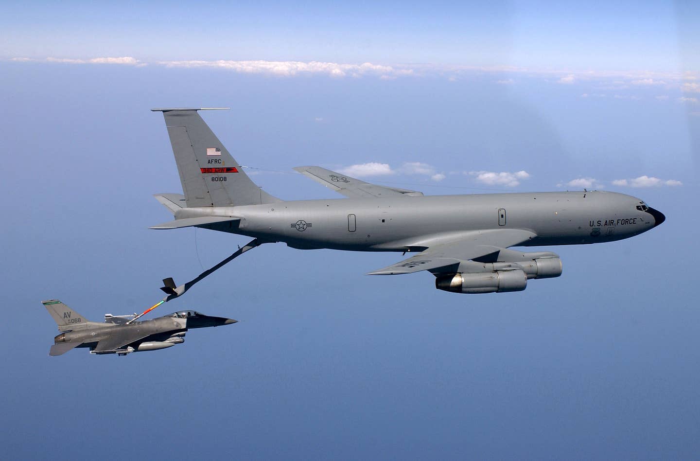 A USAF KC-135 refueling an F-16 Fighting Falcon. Old warhorses still have their uses. (Photo US Air Force)