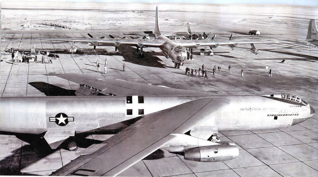 A prototype B-52 next to a B-36 Peacemaker. (U.S. Air Force photo)