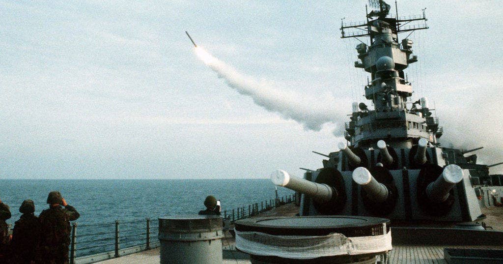 USS Wisconsin (BB 64) launches Tomahawks during Desert Storm. (Dept. of Defense photo)