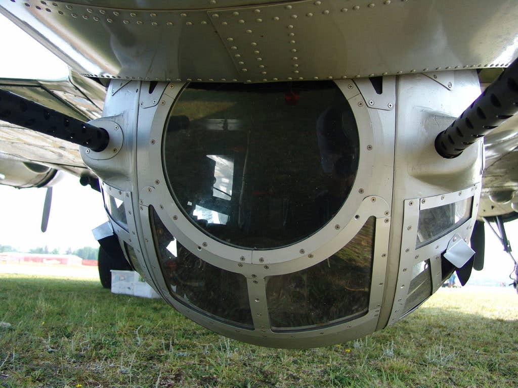 A look at the ball turret of a B-17 Flying Fortress, carrying a pair of M2 .50-caliber machine guns. (Photo from Wikimedia Commons)