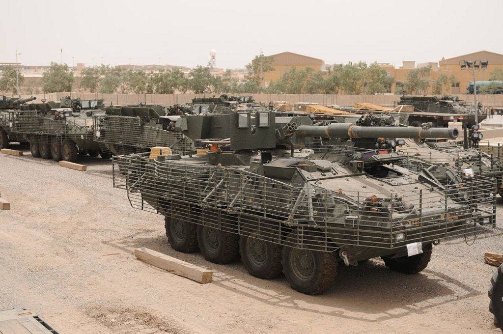 A M1128 Stryker Mobile gun System awaits transportation to war-fighters in Afghanistan, in an airfield staging area in southwest Asia in 2008. (US Army photo)