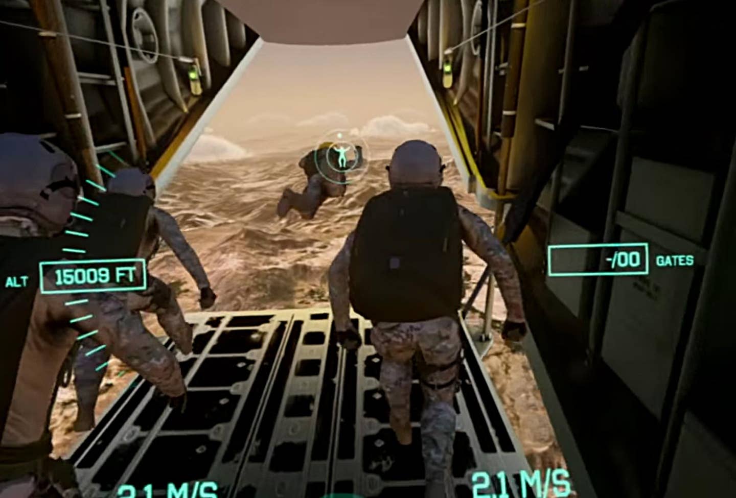 A familiar sight in the game - looking out the open cargo doors of an MC-130 (Photo Air Force Special Operations: Nightfall via YouTube screengrab)