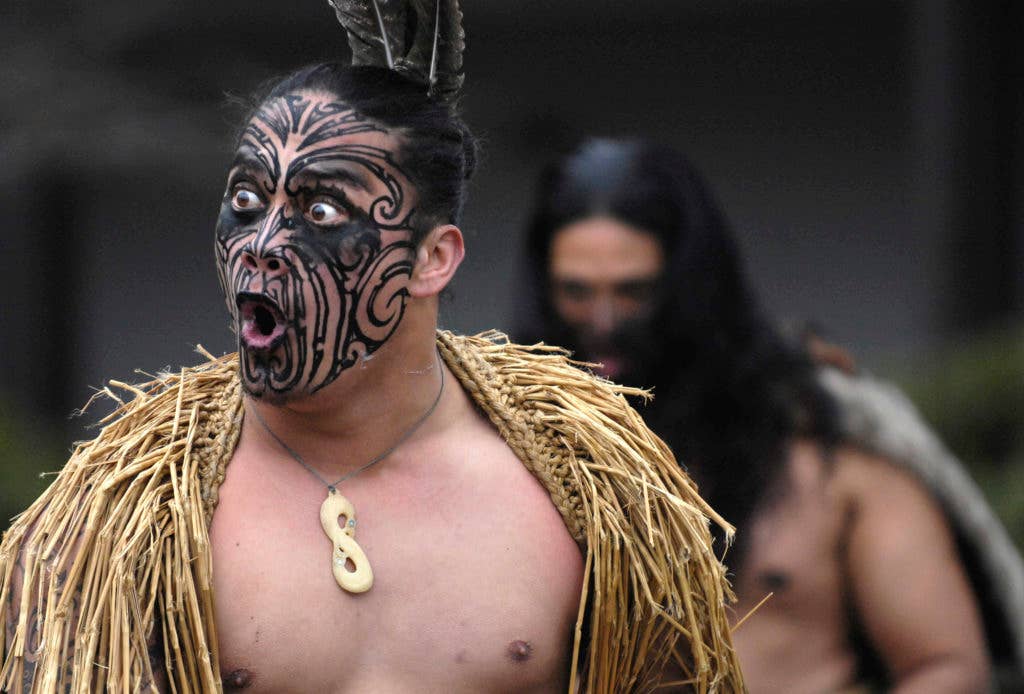 Maori warriors performing a Powhiri haka